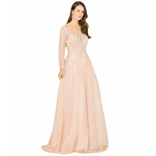ララ レディース ワンピース トップス Women's Long Sleeve Beaded Lace Gown Powder pink