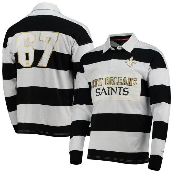 g~[ qtBK[ Y |Vc gbvX New Orleans Saints Tommy Hilfiger Varsity Stripe Rugby Long Sleeve Polo Black/White