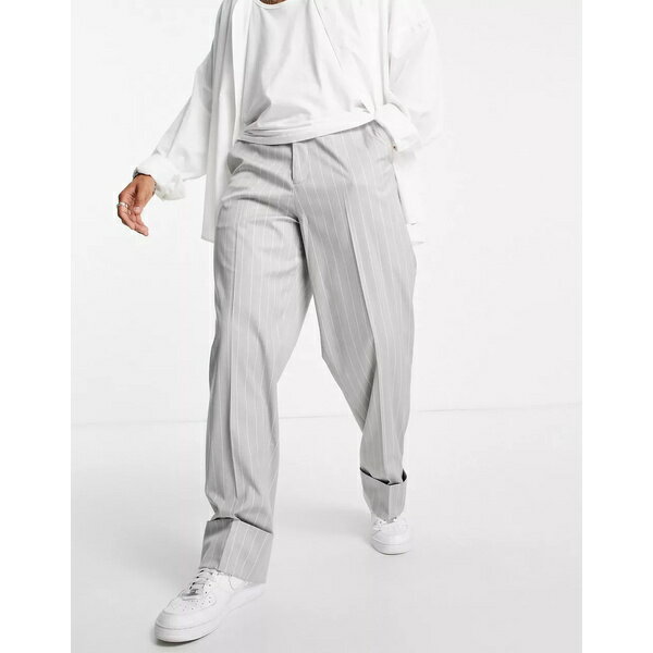 エイソス メンズ カジュアルパンツ ボトムス ASOS DESIGN wide leg smart pant with deep turn up in gray heather pin stripe Grey