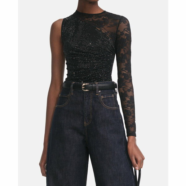 セルフ・ポートレイト レディース カットソー トップス Black Rhinestone Lace Sleeve Top -