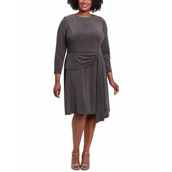 ロンドンタイムス レディース ワンピース トップス Plus Size Side-Draped Glitter-Knit Dress Black/Silver