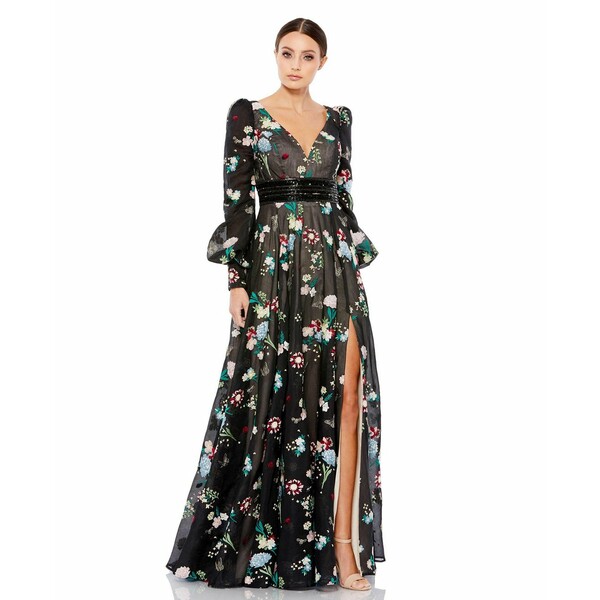 マックダガル レディース ワンピース トップス Women's Embroidered Bishop Sleeve V Neck Flowy Gown Black multi