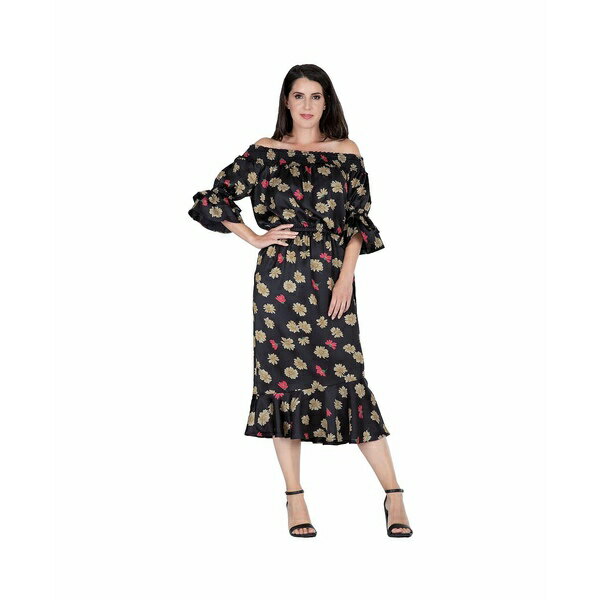 スタンダーズアンドプラクティス レディース ワンピース トップス Women's Floral Print Off-Shoulder High-End Satin Midi Dress Black sparkler