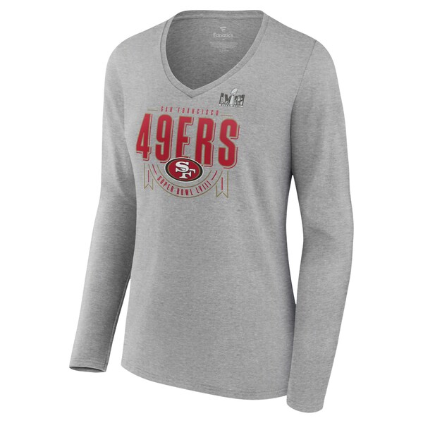 t@ieBNX fB[X TVc gbvX San Francisco 49ers Fanatics Branded Women's Super Bowl LVIII Quick Pass Long Sleeve VNeck TShirt Heather Gray