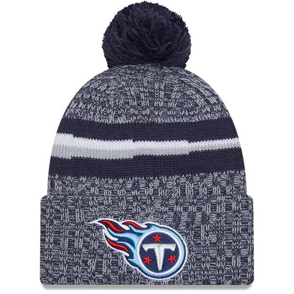 j[G Y Xq ANZT[ Tennessee Titans New Era 2023 Sideline Cuffed Knit Hat With Pom Navy