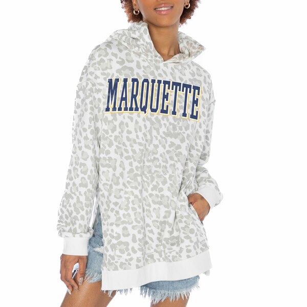 ゲームデイ レディース パーカー・スウェットシャツ アウター Marquette Golden Eagles Gameday Couture Women's Home Team Advantage Leopard Print Oversized SideSlit Pullover Hoodie White