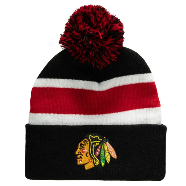 ミッチェル＆ネス ミッチェル&ネス メンズ 帽子 アクセサリー Chicago Blackhawks Mitchell & Ness Stripe Cuffed Knit Hat with Pom Black