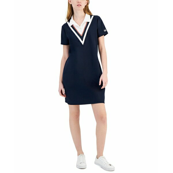 トミー ヒルフィガー レディース ワンピース トップス Women's Chevron Colorblocked Polo Dress Navy