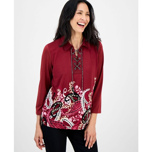 ジェイエムコレクション レディース カットソー トップス Petite Trailing Paisley Printed Lace-Up Top, Macy's Exclusive Antique Red Combo
