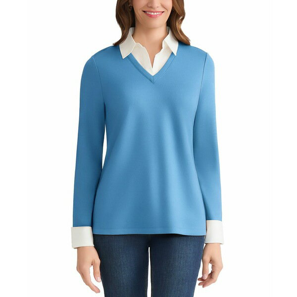 ジョーンズニューヨーク レディース カットソー トップス Petite V-Neck Long-Sleeve Two-Fer Pullover..