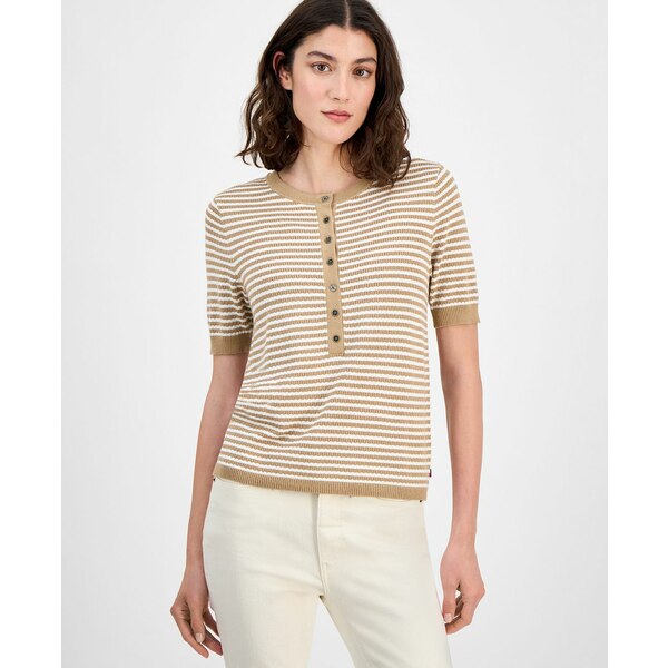 トミー ヒルフィガー レディース ニット&セーター アウター Women's Striped Henley Sweater Tannin Mu..