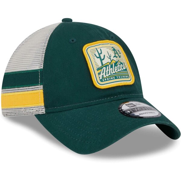 j[G Y Xq ANZT[ Oakland Athletics New Era Spring Training Striped 9TWENTY Trucker Adjustable Hat Green/White