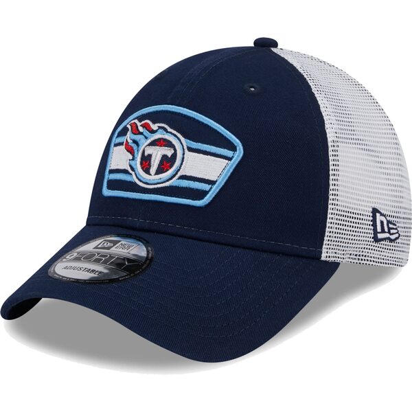 j[G Y Xq ANZT[ Tennessee Titans New Era Logo Patch Trucker 9FORTY Snapback Hat Navy/White