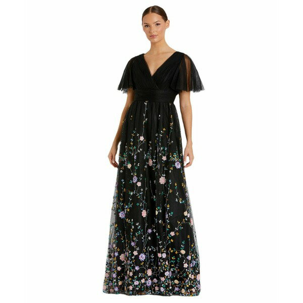 マックダガル レディース ワンピース トップス Women's Embellished Illusion Butterfly Sleeve V Neck Gown Black multi