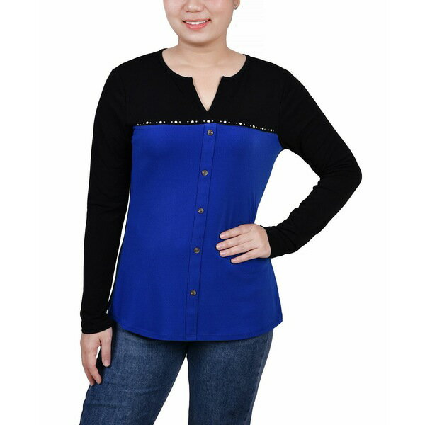 ニューヨークコレクション レディース カットソー トップス Petite Long Sleeve Studded Colorblocked Split Neck Top Surf The Web(4)