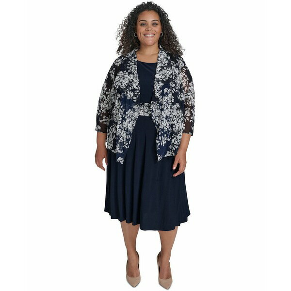 ジェシカハワード レディース ワンピース トップス Plus Size 2.Pc Floral-Chiffon 3/4-Sleeve Jacket ..