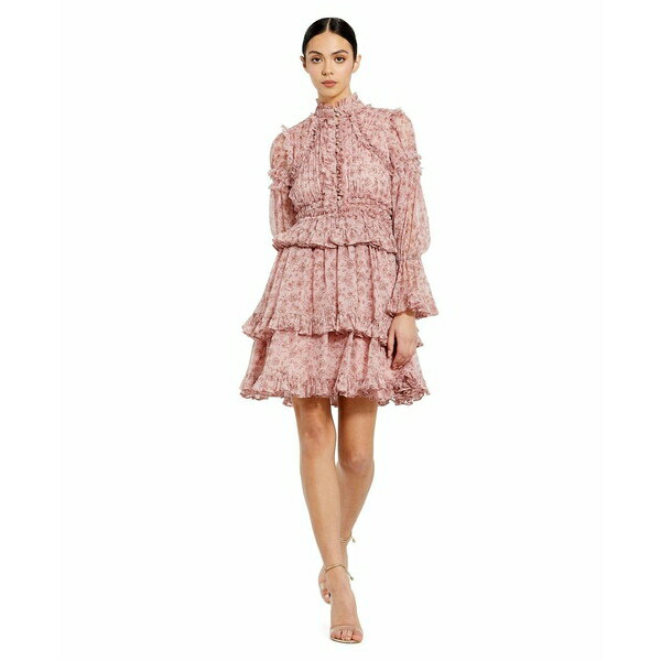 マックダガル レディース ワンピース トップス Women's Long Sleeve Open Front High Neck Ruffle Mini Dress Cinnamon