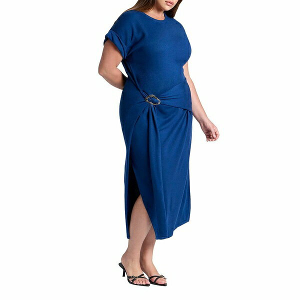 エロクイ レディース ワンピース トップス Plus Size Rolled Sleeve Midi Dress With Buckle Navy