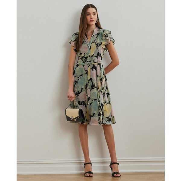 ե ǥ ԡ ȥåץ Women's Floral Belted Georgette Shirtdress Bl...