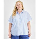 トミー ヒルフィガー レディース カットソー トップス Plus Size Cotton Striped Camp Shirt Cornflower Blue/...
