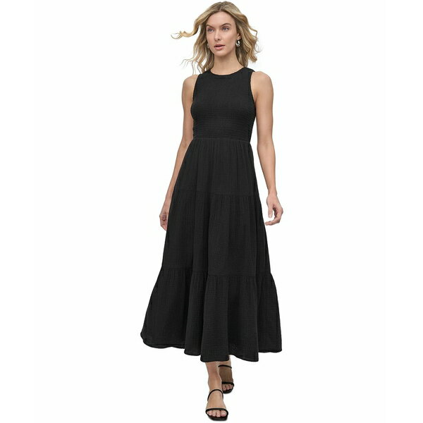 ダナキャランニューヨーク レディース ワンピース トップス Women's Cotton Gauze Smocked-Bodice Maxi Dress Black