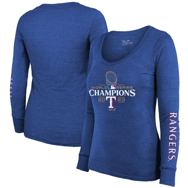 マジェスティックスレッズ レディース Tシャツ トップス Texas Rangers Majestic Threads Women's 2023 World Series Champions TriBlend Long Sleeve Scoop Neck TShirt Royal