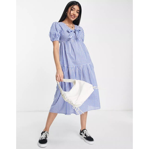 リクオリッシュ レディース ワンピース トップス Influence tie front midi dress in blue gingham Mid Blue