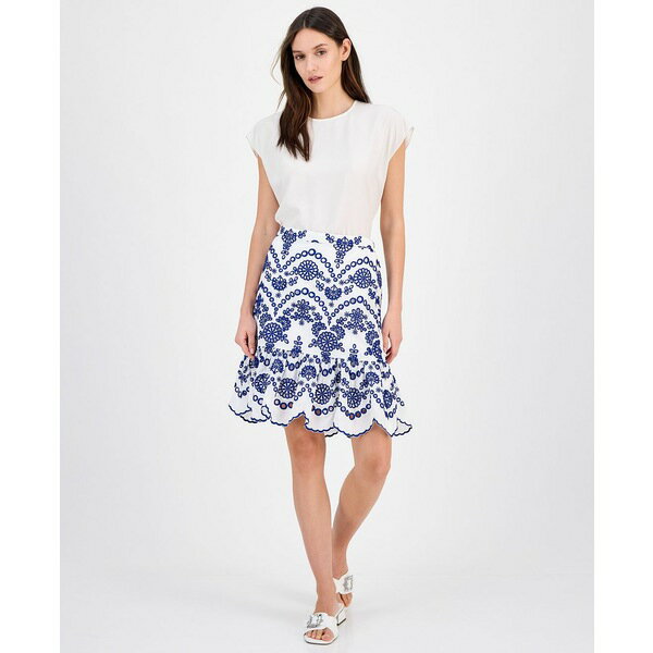 アンクライン レディース スカート ボトムス Women's Cotton Eyelet Scallop-Hem Skirt Santorini Blue/bright White