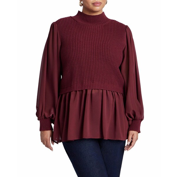 エロクイ レディース ニット&セーター アウター Women's Twofer Sweater With Chiffon Maroon banner