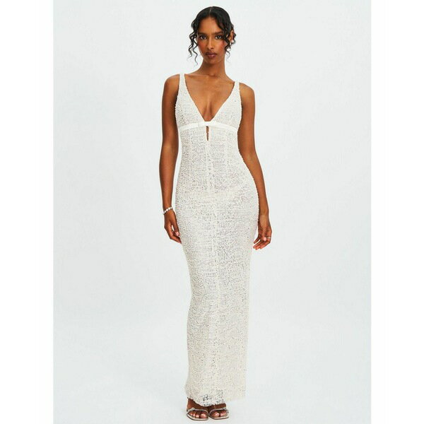 ߥ  ǥ ԡ ȥåץ Women's Adelaide White Beaded Sequin Net Bodycon Gown White