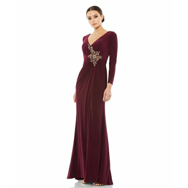 ޥå ǥ ԡ ȥåץ Women's Faux Wrap Long Sleeve Gown w/ Applique Detail Berry