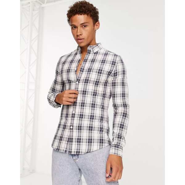 エイソス メンズ シャツ トップス ASOS DESIGN stretch skinny shirt in neutral plaid BEIGE