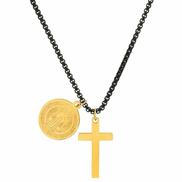 スティールタイム レディース ネックレス・チョーカー・ペンダントトップ アクセサリー Men's Black-Tone IP & 18k Gold-Plated Stainless Steel Cross and St. Benedict Religious 24" Pendant Necklace Black, Gold