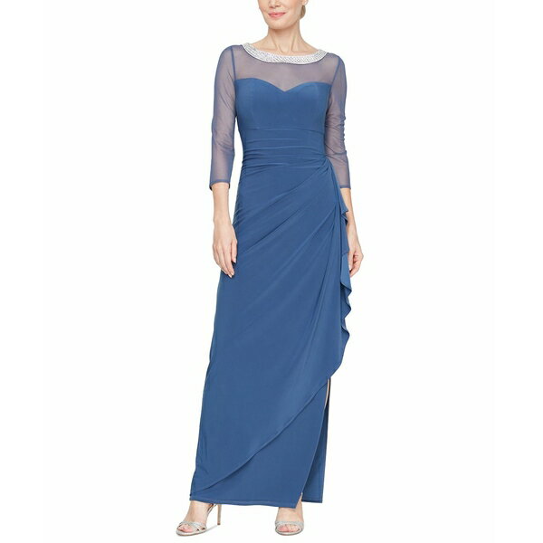 アレックスイブニングス レディース ワンピース トップス Women's Embellished-Neck Side-Ruched Illusion Dress Wedgewood