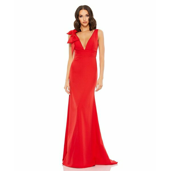 マックダガル レディース ワンピース トップス Women's Sleeveless V Neck Bow Detail Mermaid Gown Red