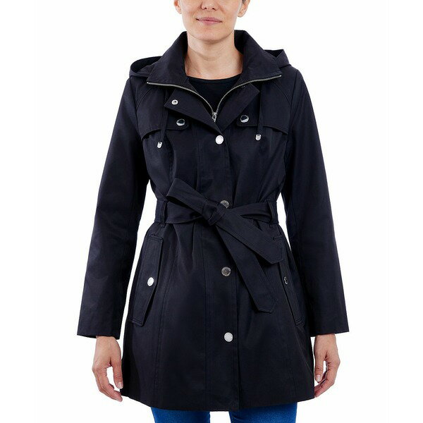 ロンドンフォグ レディース ジャケット&ブルゾン アウター Petite Hooded Belted Zip-Front Raincoat Black