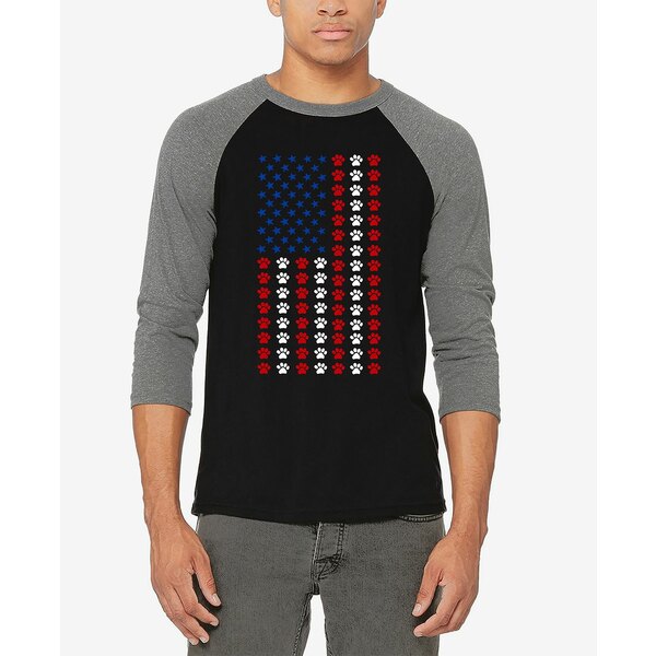 エルエーポップアート メンズ Tシャツ トップス Men's Paws Flag Raglan Baseball Word Art T-Shirt Grey/Black