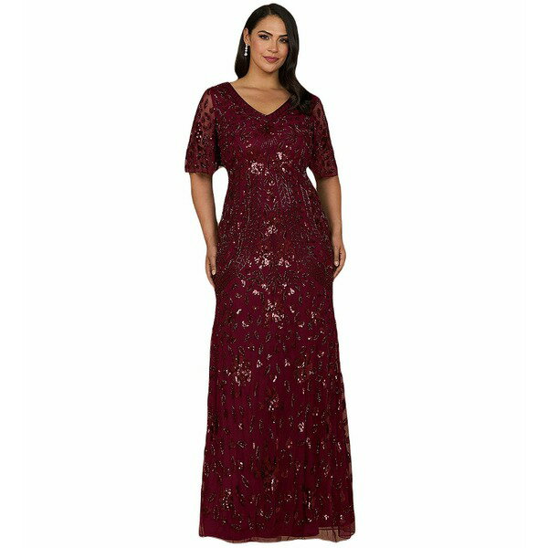 ララ レディース ワンピース トップス Women's V-Neck, Cape Sleeve Beaded Gown Wine