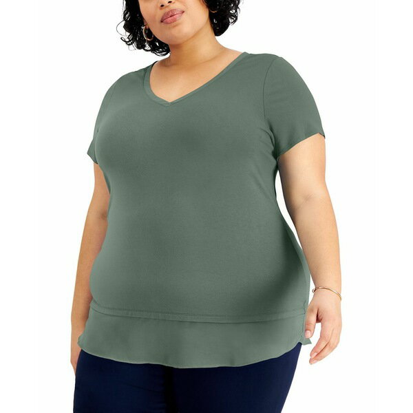 ジェイエムコレクション レディース カットソー トップス Plus Size Layered-Hem Top, Created for Macy's Organic Green