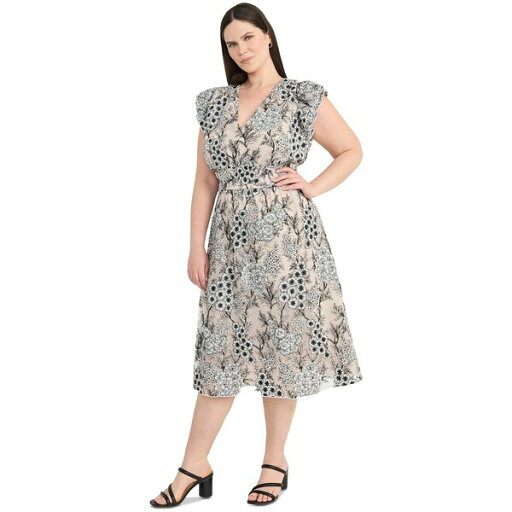 マギーロンドン レディース ワンピース トップス Plus Size Chiffon Embroidered Ruffled-Sleeve Dress Black/Ivory マギーロンドン レディース ワンピース トップス Plus Size Chiffon Embroidered Ruffled-Sleeve Dress Black/Ivory