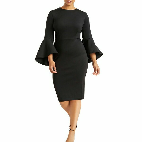 エロクイ レディース ワンピース トップス Women's Plus Size Flare Sleeve Scuba Dress Black