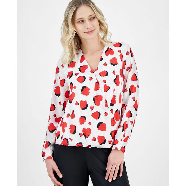 ƥϥ ǥ åȥ ȥåץ Women's Heart-Print Faux-Wrap Long-Sleeve Blo...