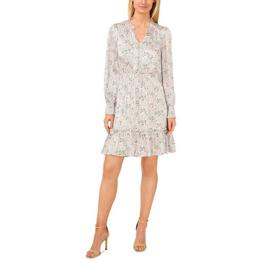 セセ レディース ワンピース トップス Women's Floral Tie-Neck Long Sleeve Smocked Ruffled Hem Dress New Ivory セセ レディース ワンピース トップス Women's Floral Tie-Neck Long Sleeve Smocked Ruffled Hem Dress New Ivory
