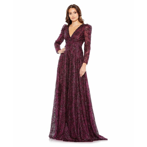 マックダガル レディース ワンピース トップス Women's Embellished V Neck Long Sleeve A Line Gown Plum