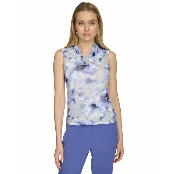 カルバンクライン レディース カットソー トップス Women's Printed Mesh V-Neck Top Spring Blue Multi