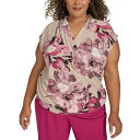 カルバンクライン レディース カットソー トップス Plus Size Printed Cap-Sleeve Faux-Wrap Top Oyster Mult...