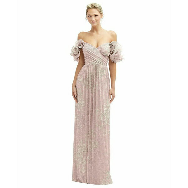 アフターシックス レディース ワンピース トップス Women's Dramatic Ruffle Edge Convertible Strap Metallic Pleated Maxi Dress with Floral Gold Foil Print Pink gold foil