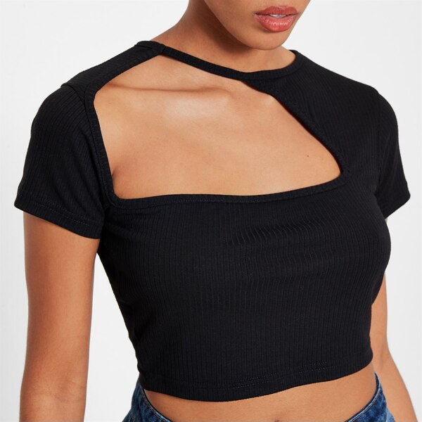 yz AC\ECbgt@[Xg fB[X TVc gbvX Cut Out Neck Detail Crop Top BLACK