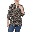 j[[NRNV fB[X Jbg\[ gbvX Women's 3/4 Roll Tab Sleeve Y-neck Top Black Gray Rust Geo