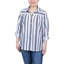 ニューヨークコレクション レディース カットソー トップス Women's Long Roll Tab Sleeve Blouse White Navy Stripe